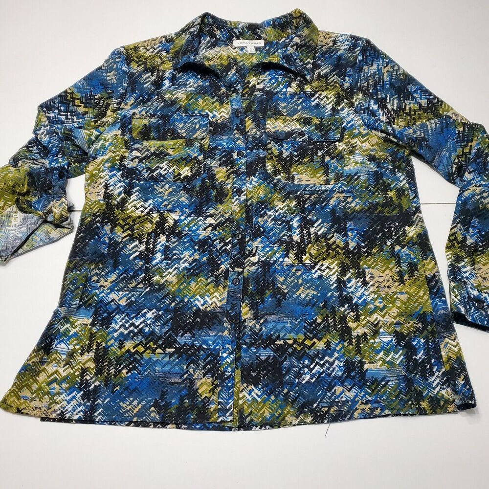 Notations Clothing Company Women L Blouse Blue Green Button Up Adjustable Sleeve